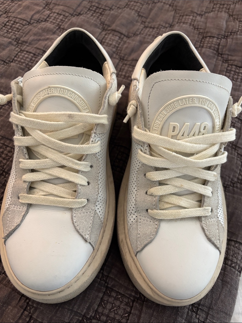 P448 White and Light Gray Low-Top Leather Sneakers